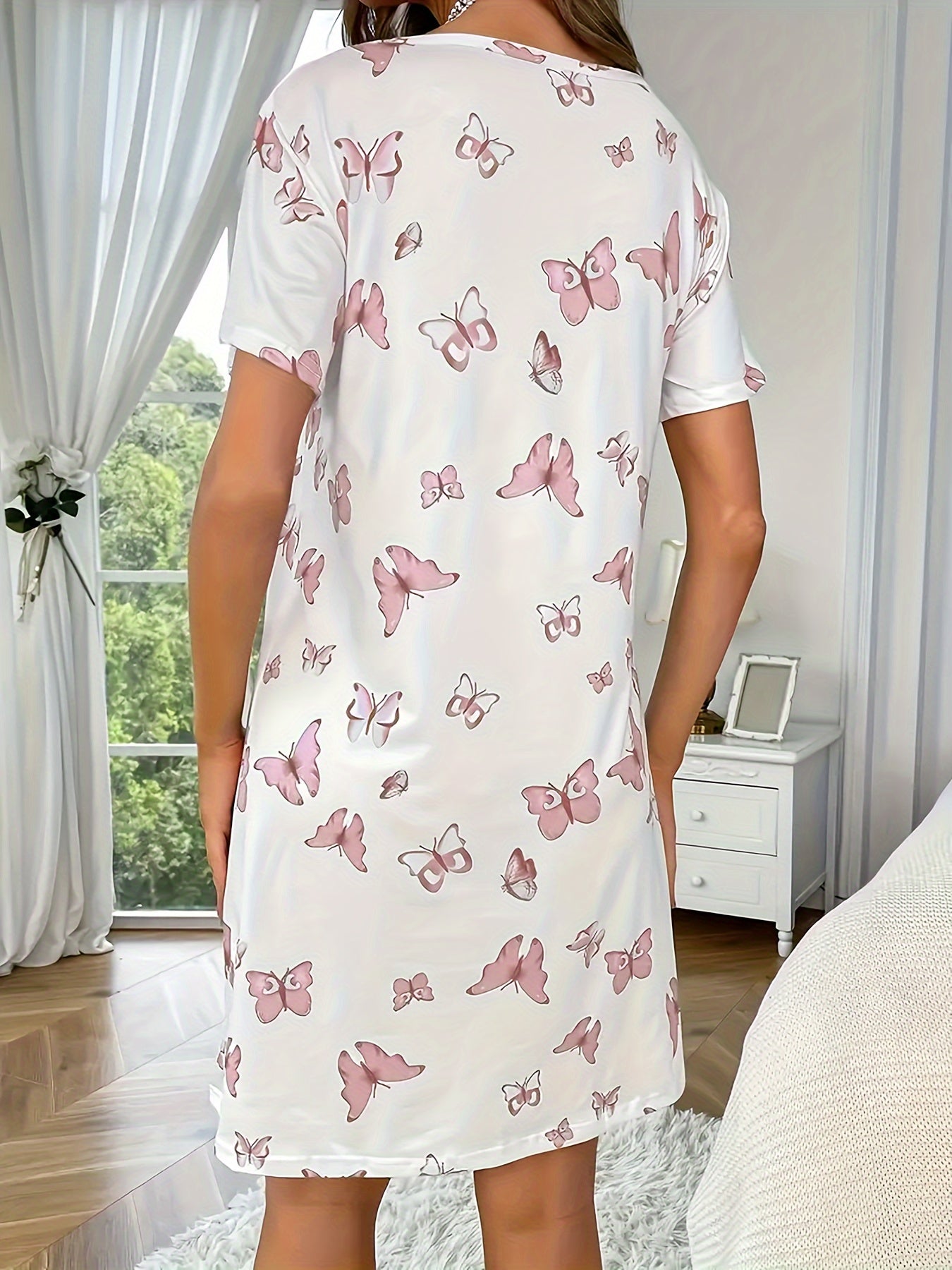 Butterfly print casual sleepwear dress with round neck tee and short sleeves - a comfortable nightgown for women.