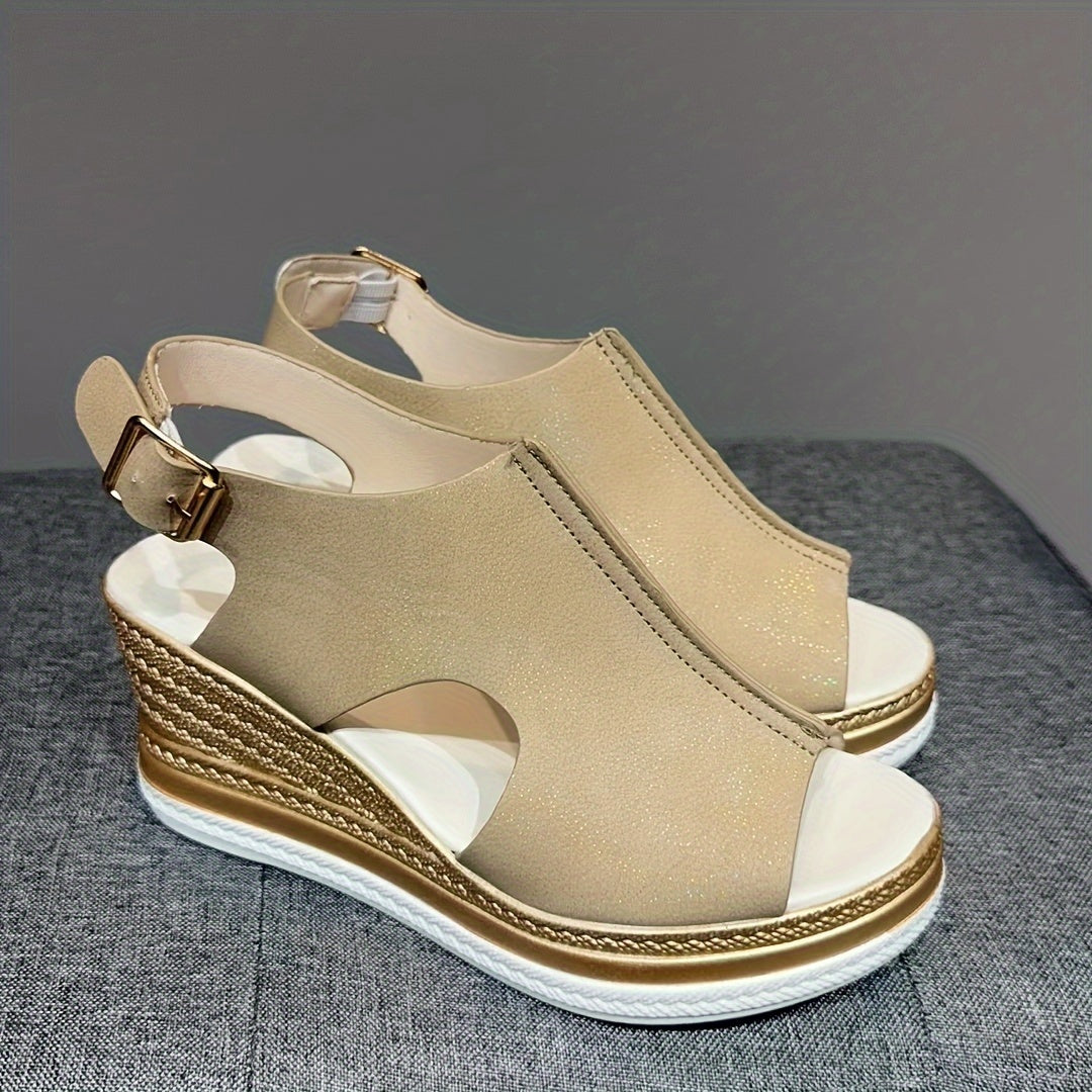 New material fish mouth sandals with thick-soled wedge heel.