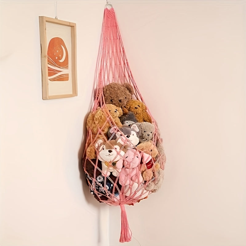 Plush toy storage hammock for kids' rooms, easy to install, holds multiple toys.