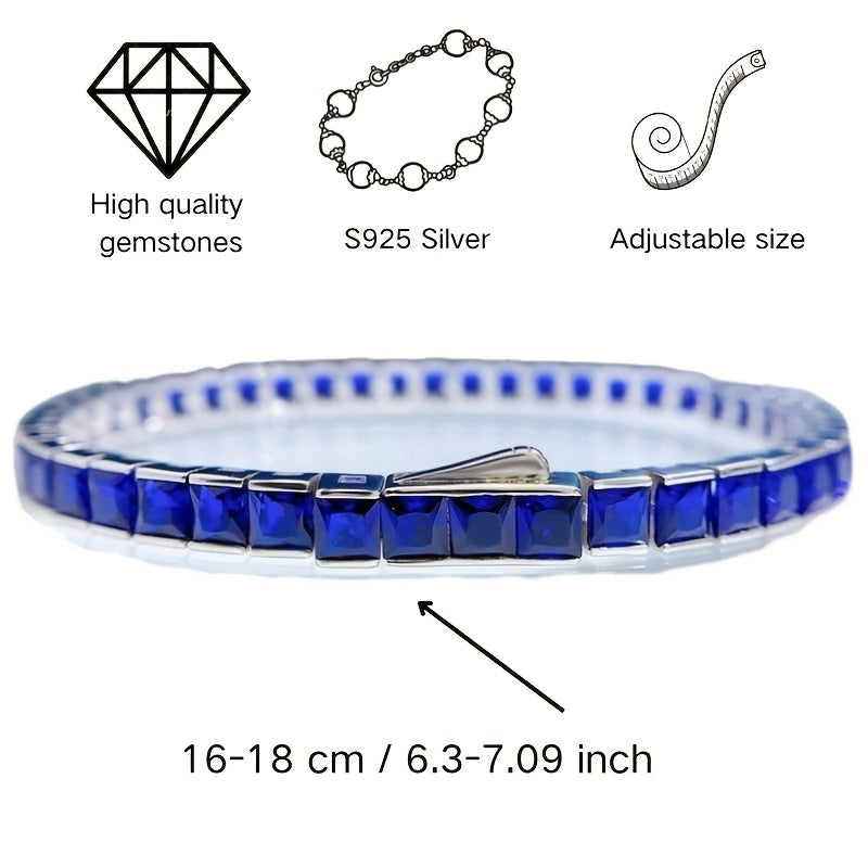 Vintage-inspired 925 Sterling Silver Tennis Bracelet featuring Princess-Cut Synthetic Blue Gemstones in Tribal Classic Style. This elegant wristlet is free from plating and exudes a timeless charm. Perfect for women to wear daily or at music festivals