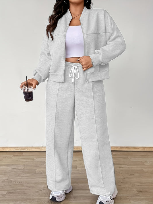 Women's plus size solid color long sleeve top and sweatpants set made from non-stretch polyester fabric with a baseball collar, perfect for hiking and outdoor activities.