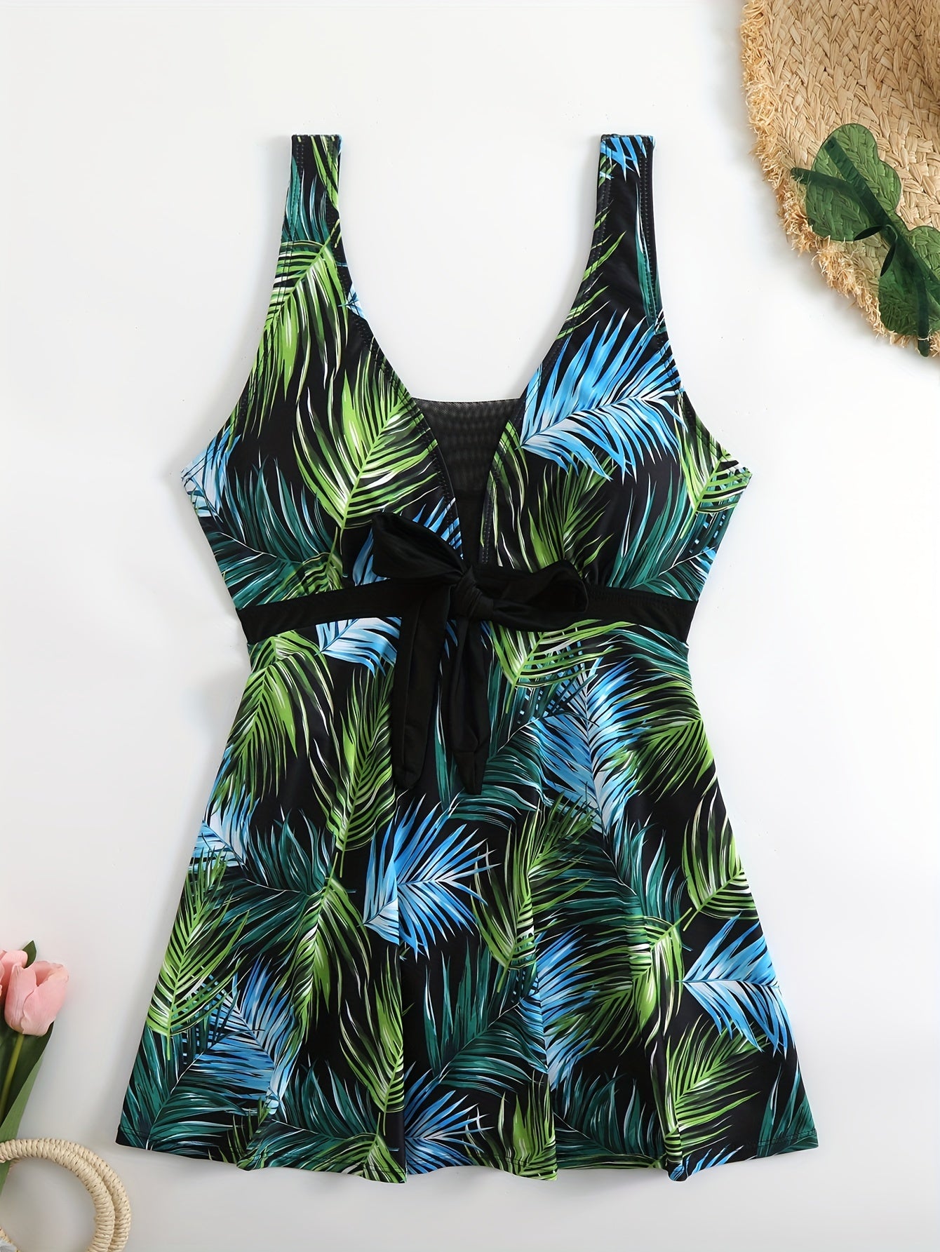 Leaf print mesh one-piece swimsuit with backless design for women's swimwear