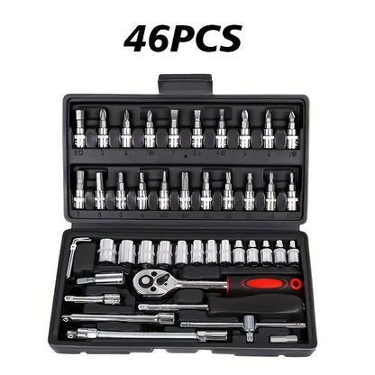 46-piece high-performance Chrome Vanadium Steel socket wrench set for ultimate car repair and maintenance. Ultra-portable and high-torque tools perfect for automotive, bicycle, and