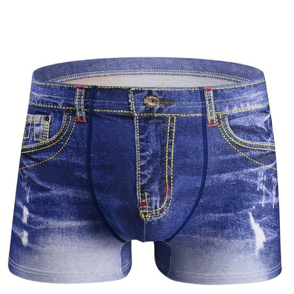 Men's fashion cotton 3D denim boxer briefs with belt print, breathable and stylish underwear.