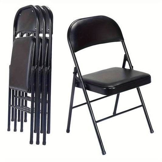 Black folding chair with classic style, leather backrest and metal frame. Made with hardwood & MDF construction, sponge filling, manual adjustment, and wipe-clean surface for both indoor and outdoor use.