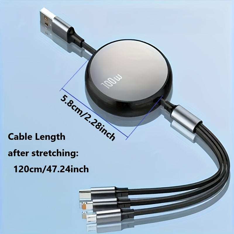 Retractable USB charging cable with 6A 100W fast charging for iPhone, Huawei, Samsung, etc. Data sync speed of 480Mbps and USB power supply under 36V.