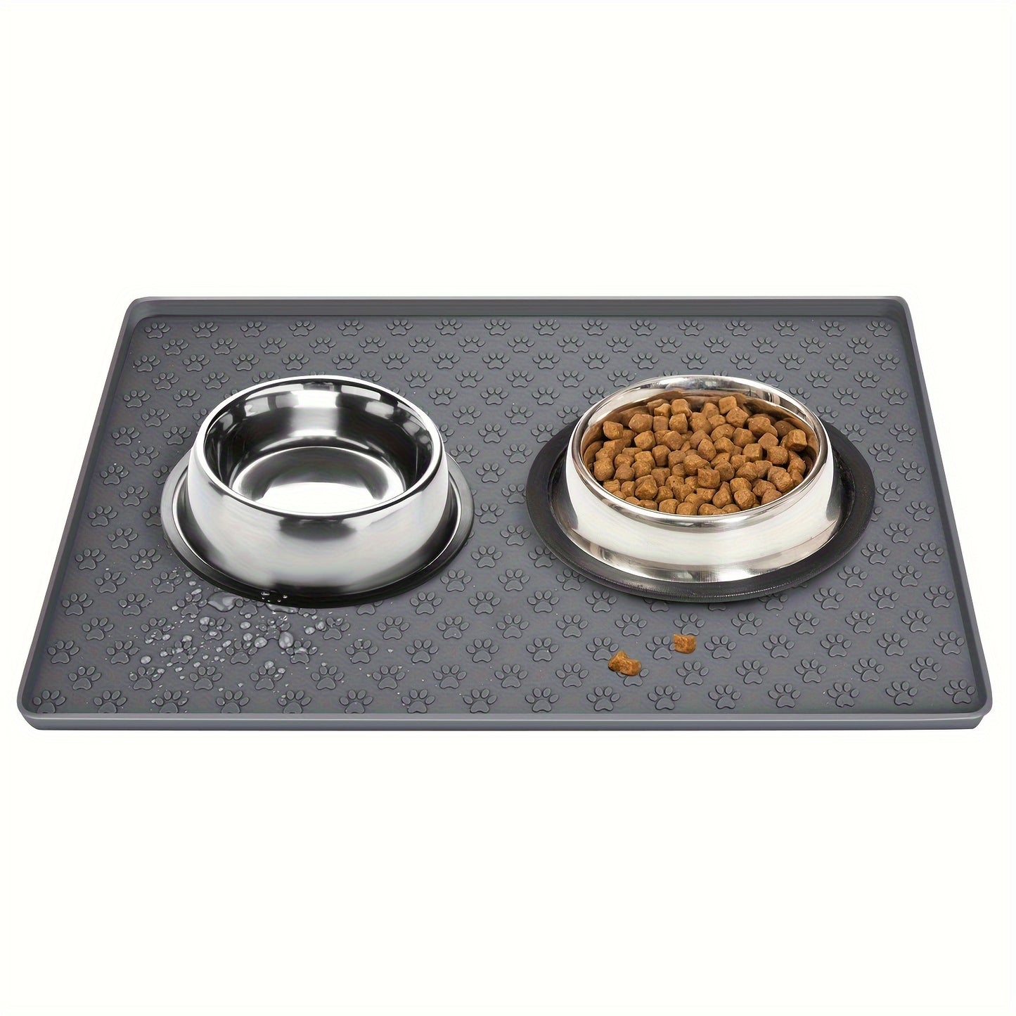 Gray pet feeding mat with paw print design, prevents spills and mess, ideal for cats and dogs.