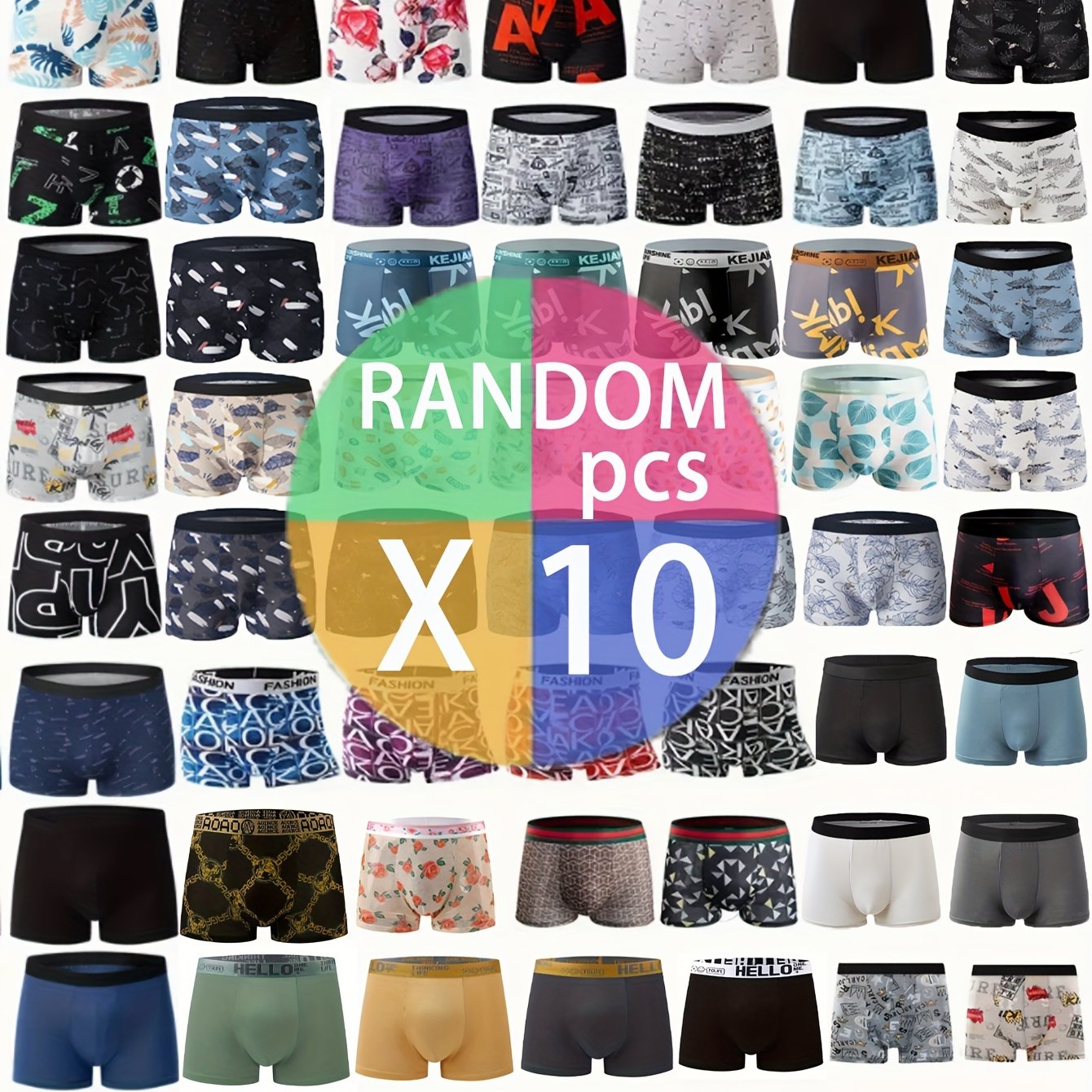 10pcs random print set of men's elastic flat-crotch underpants, soft, comfortable, and breathable.