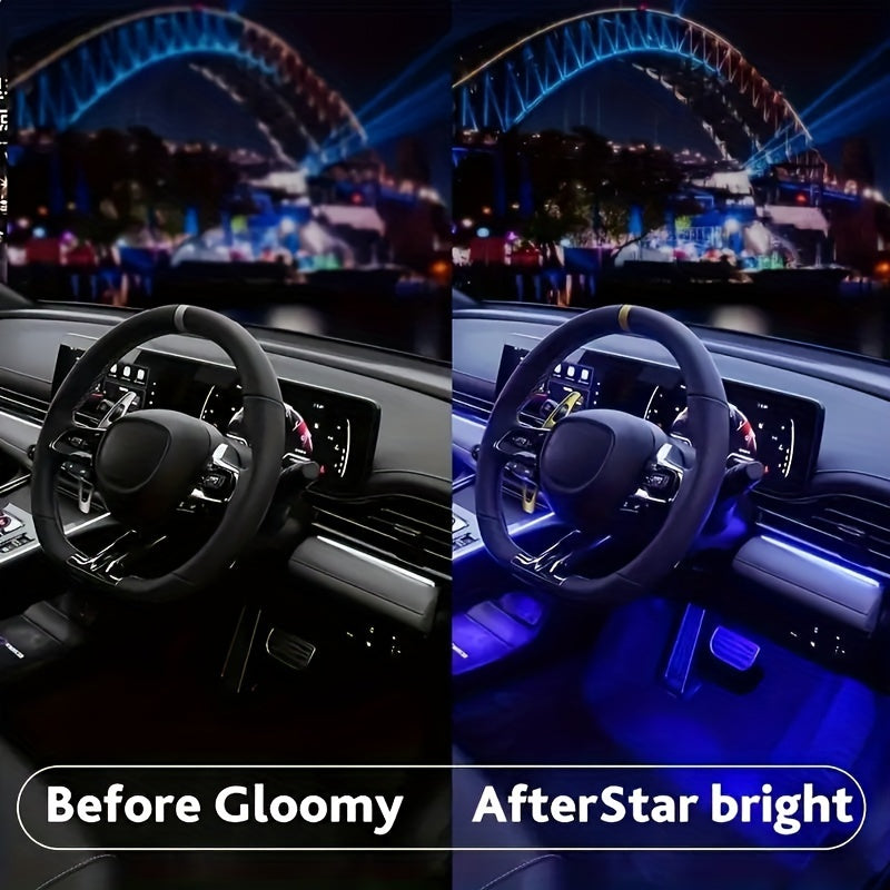 LED car interior lighting kit with music sync, USB-powered, ideal for parties and festivals, fits most vehicles.