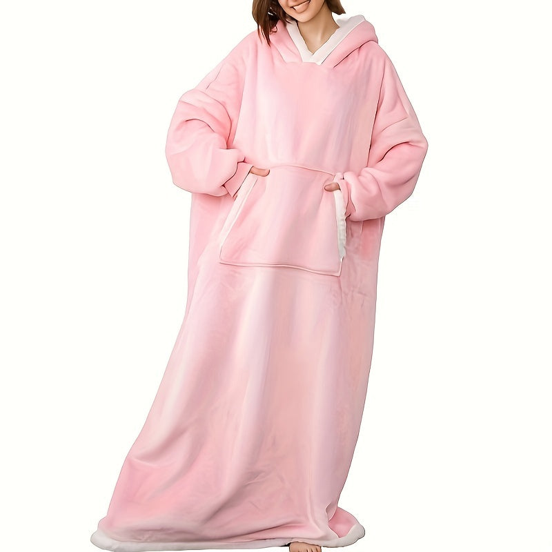 A cozy and warm wearable blanket hoodie for women, featuring long Sherpa fleece and a hood. Perfect for adults, this blanket sweatshirt comes with huge pockets and a belt for added convenience. A great winter gift for girlfriends and moms.