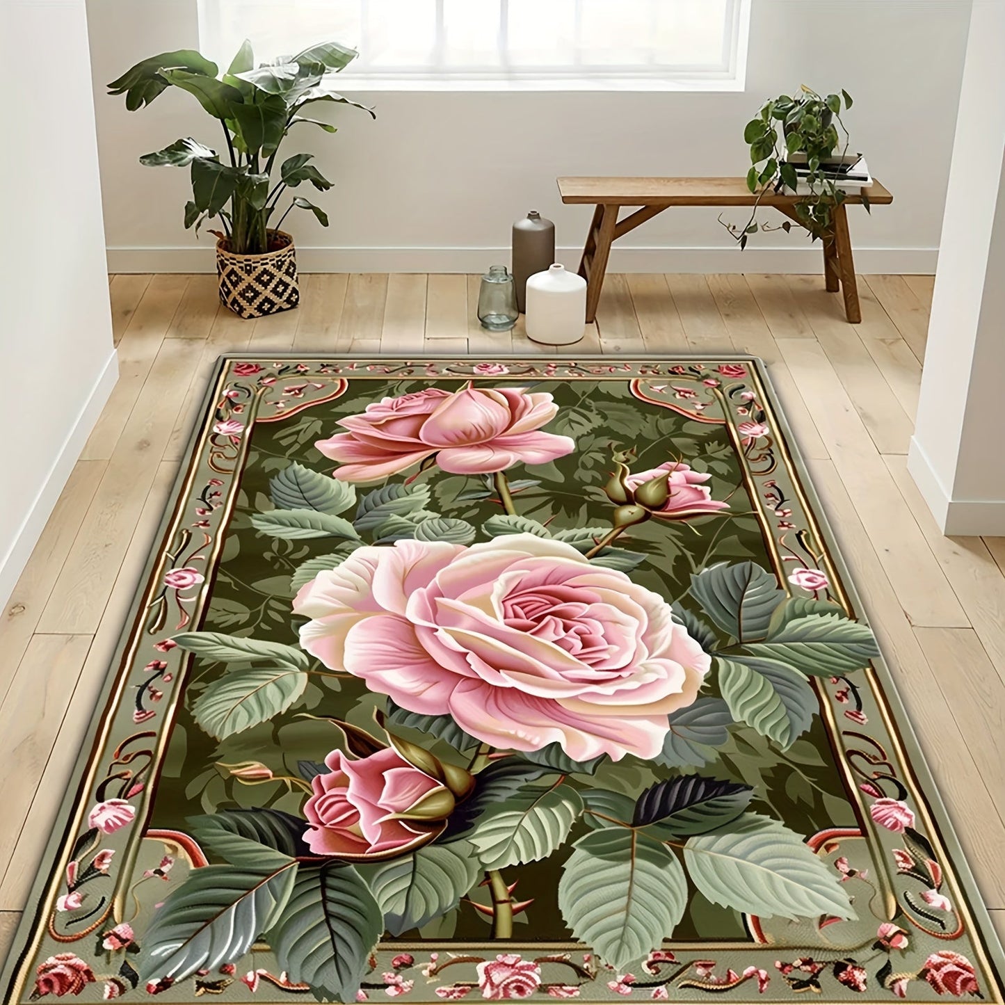 Pink Rose Pattern Area Rug - Soft, Non-Slip, and Durable Polyester Floor Mat perfect for Living Room and Kitchen Decor, Easy to Clean