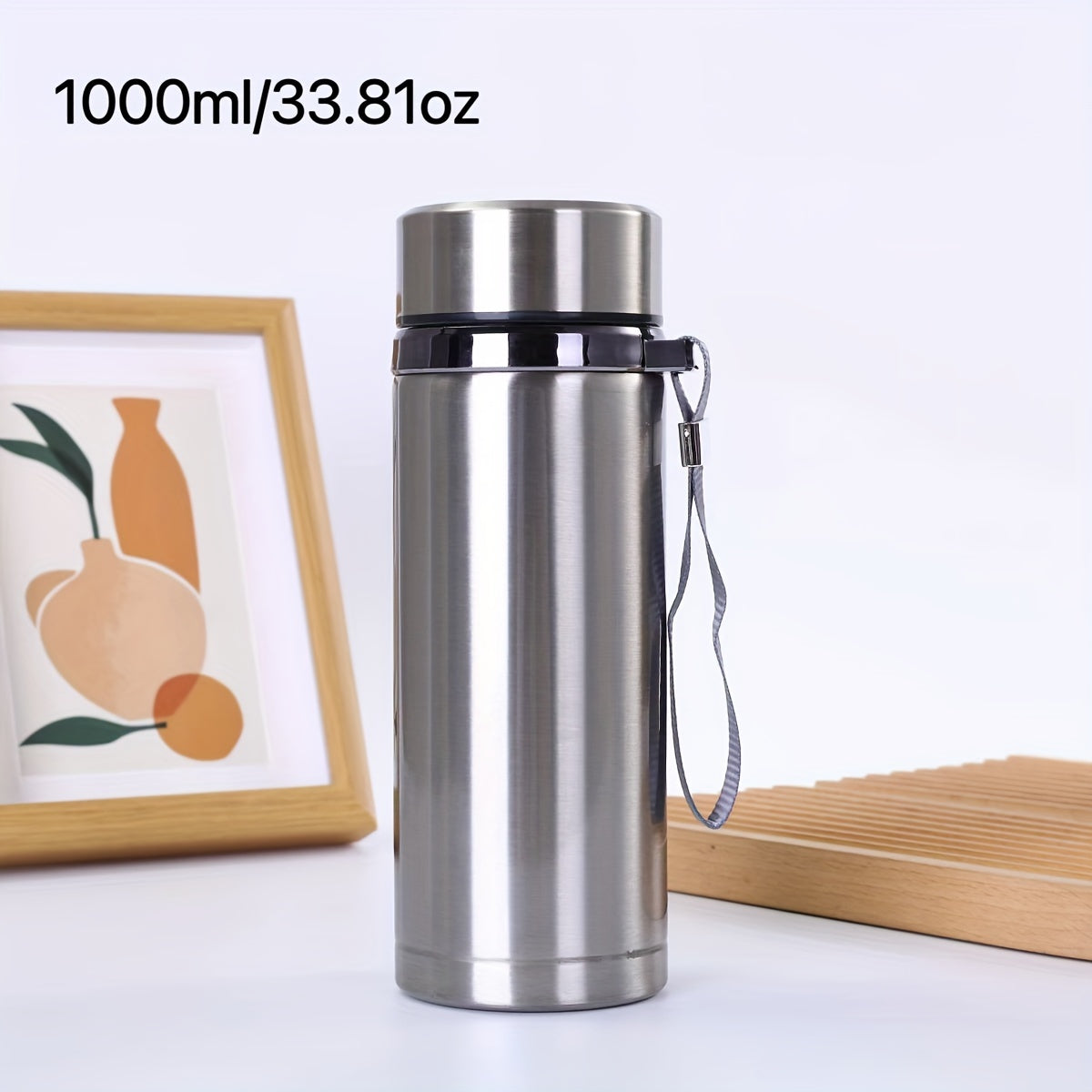 Men's large stainless steel portable travel mug with tea strainer, available for wholesale.