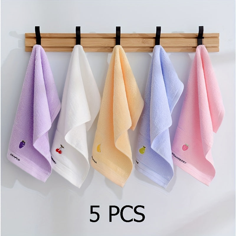 Five soft cotton fingertip towels with fruit patterns ideal for everyday use in the bathroom.