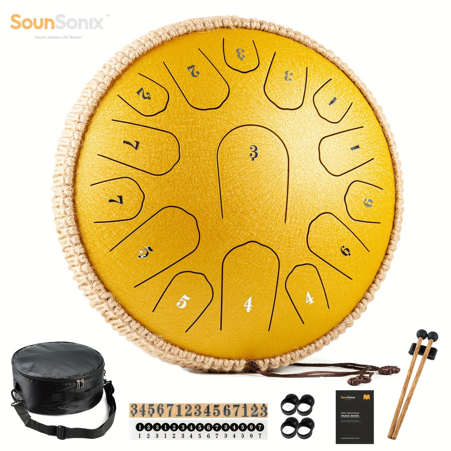 Steel Tongue Drum - 33.02 cm, 15 Notes, Hand Pan Drum with Music Book, Mallets, Carry Bag, D Major Eid Al-Adha Mubarak.