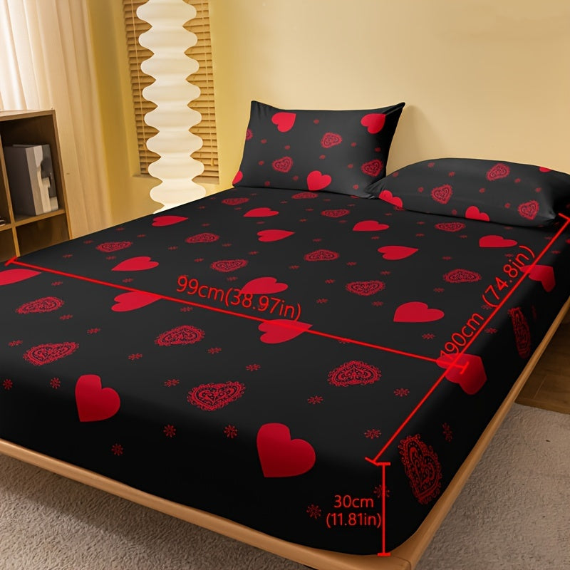 Brushed Fitted Sheet in Red Love Print, 1 Piece (Pillowcase Not Included). Soft and Comfortable Bedding Mattress Protector for Bedroom or Guest Room with Deep Pocket. Fitted Sheet Only.