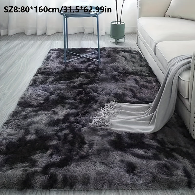 Long fleece carpet in a dark grey tie dye gradient, perfect for the living room coffee table or bedroom decor. This washable mat is fully padded and makes a great Halloween or Christmas gift.