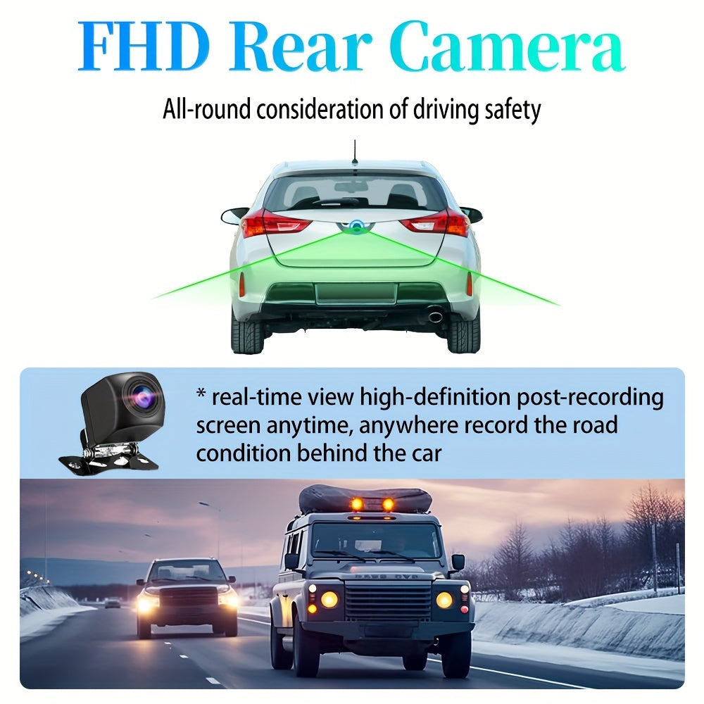 Four-channel front, rear, left, and right dash camera with 360° rotatable and built-in WiFi, loop recording, night vision, G-sensor, and WDR.