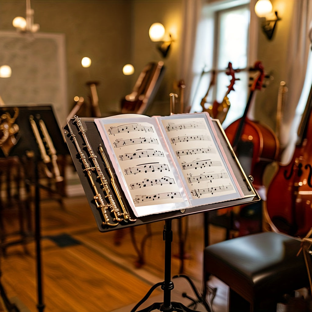 A4-sized sheet music folder with 100 clear pockets holds 200 pages. Folds to 180 degrees for easy display on music stands. Perfect for guitar and piano performances. Organize concert photos