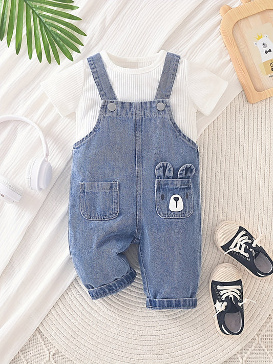 Boy's casual denim overalls set for youngsters - blend material, machine washable. Includes solid color tee and suspender shorts. Ideal for outdoor activities.