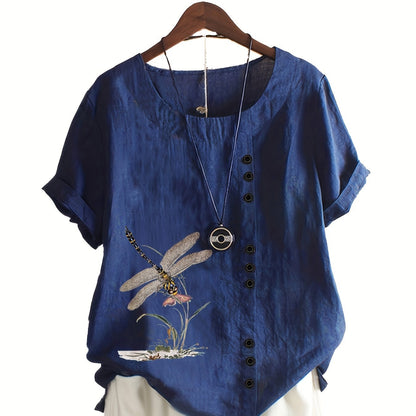 New style casual loose linen printed short-sleeve pullover shirt for plus-size women.