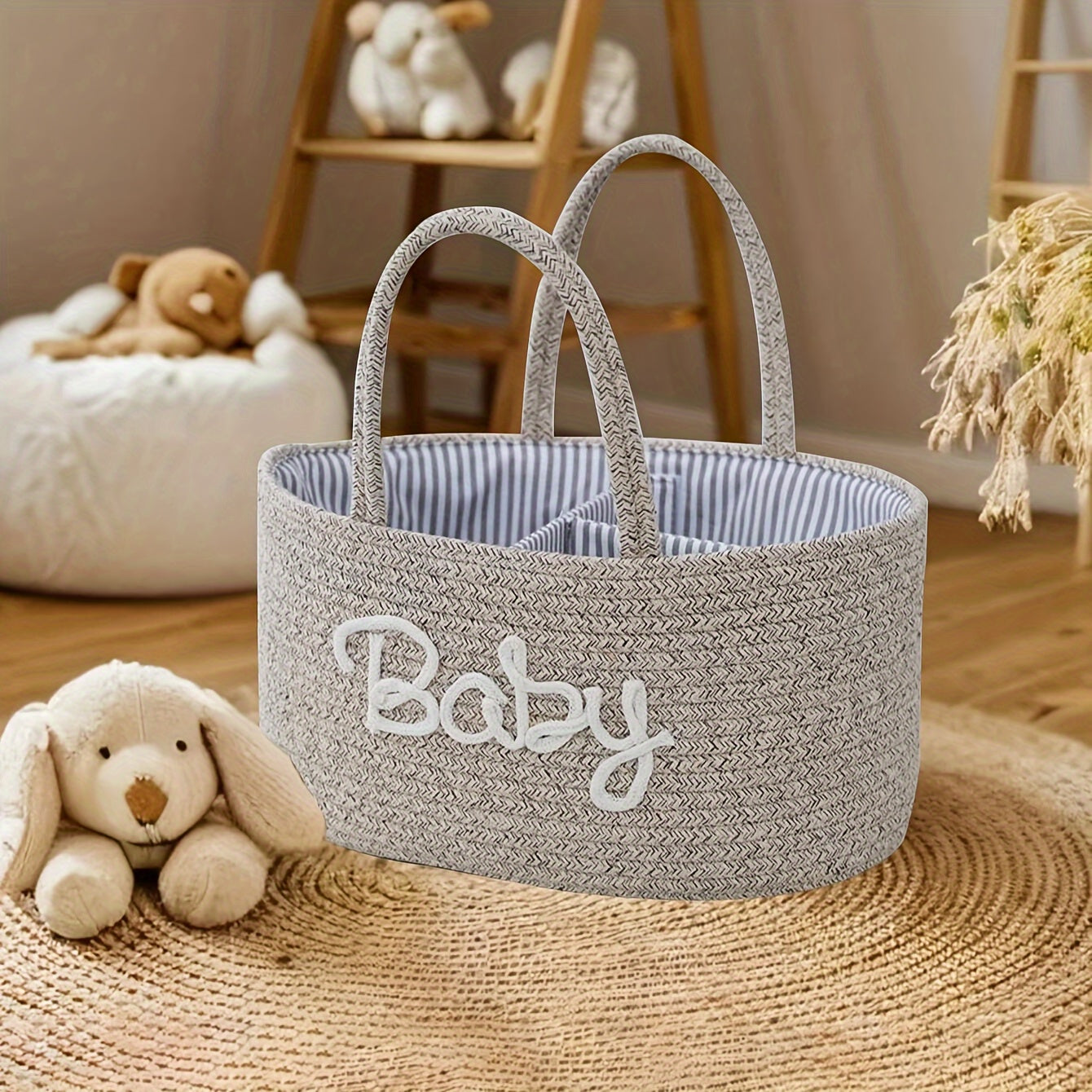 Storage basket made of cotton rope with lettered design, featuring a detachable inner basket for separating dry and wet items. Can be used as a hand-held storage solution.