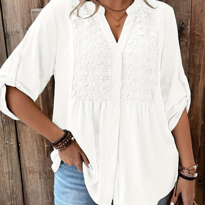 White V-Neck Lace Blouse for Plus Size Women - Lightweight Polyester, Machine Washable, Ideal for Spring/Summer/Fall