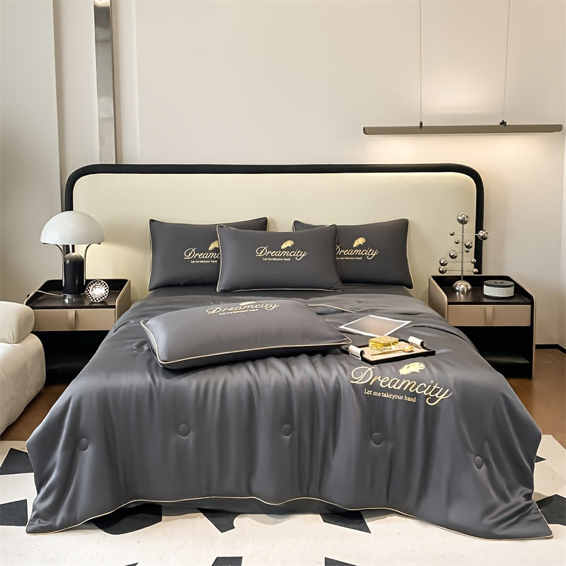 Dreamacity Elegant Summer Quilt - Luxurious Golden Embroidery on Soft, Skin-Friendly 100% Ultrafine Microfiber. Vintage Style Lightweight Cooling Bedding, Machine Washable in Grey. 90g Fabric Weight, Quilting Fabric Only. (Pillowcase & Sheet Not Included)