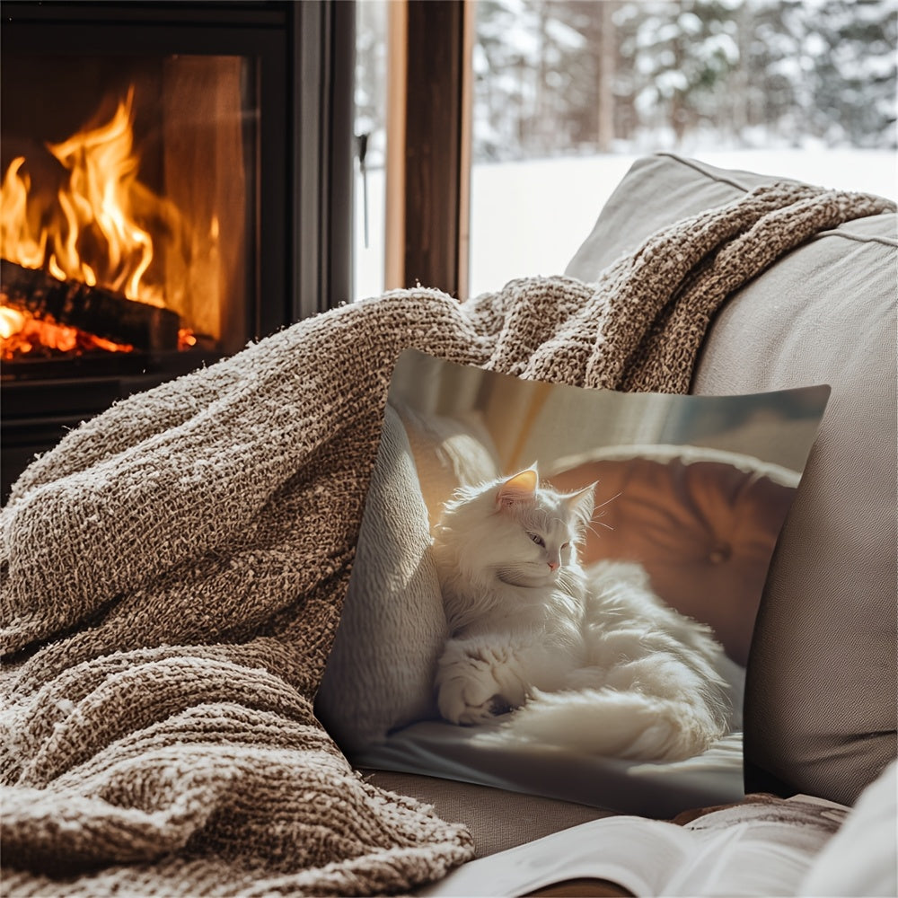 Soft White Cat Print Cushion Cover - Reversible Design, Ideal for Farmhouse Style and Festive Gatherings, Easy to Clean Polyester Pillowcase for Home and Workspaces (Pillow not included)