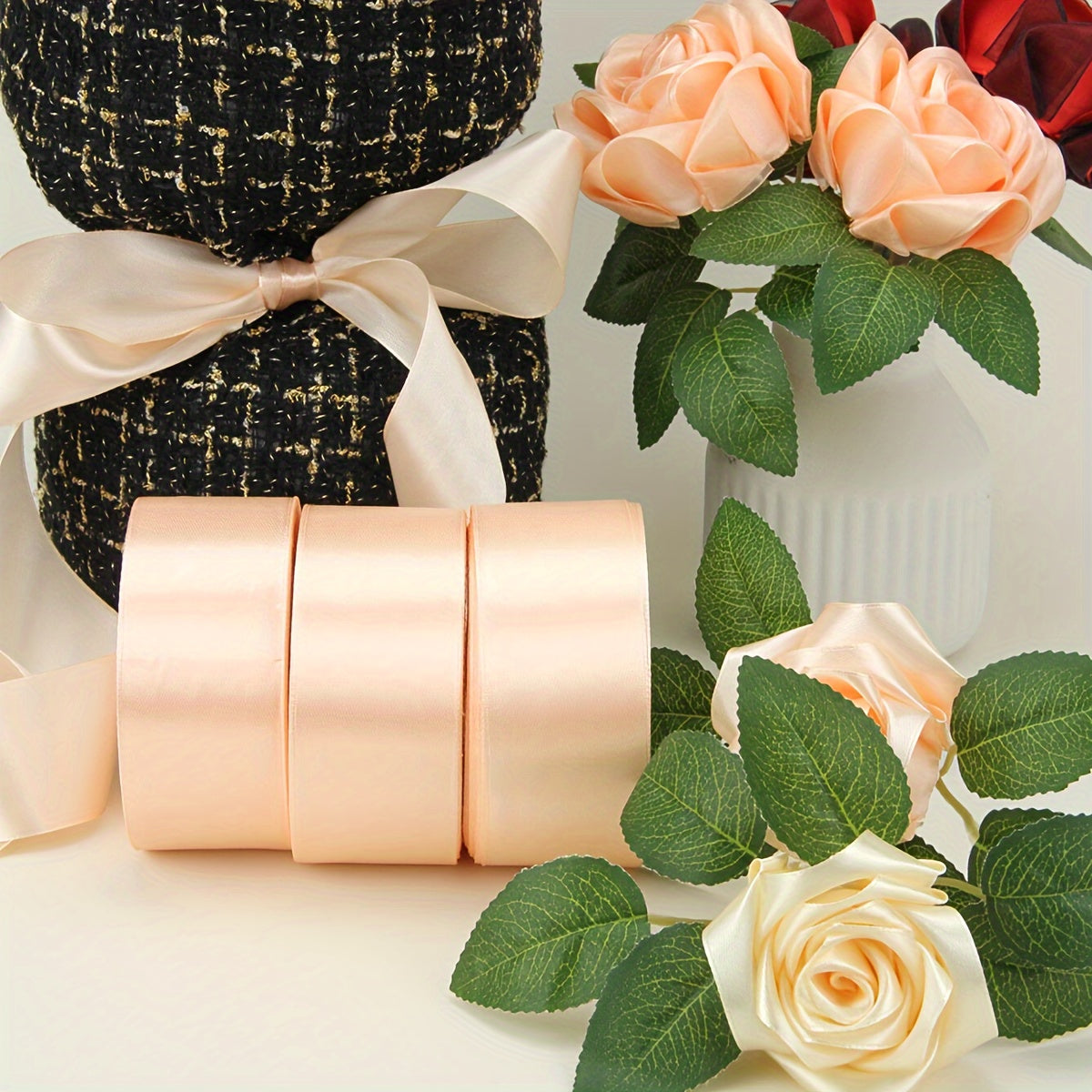 3 pieces of 4cm wide and 22 meters long ribbon for holiday gifts, weddings, DIY rose bouquets, bows, and hair clips.