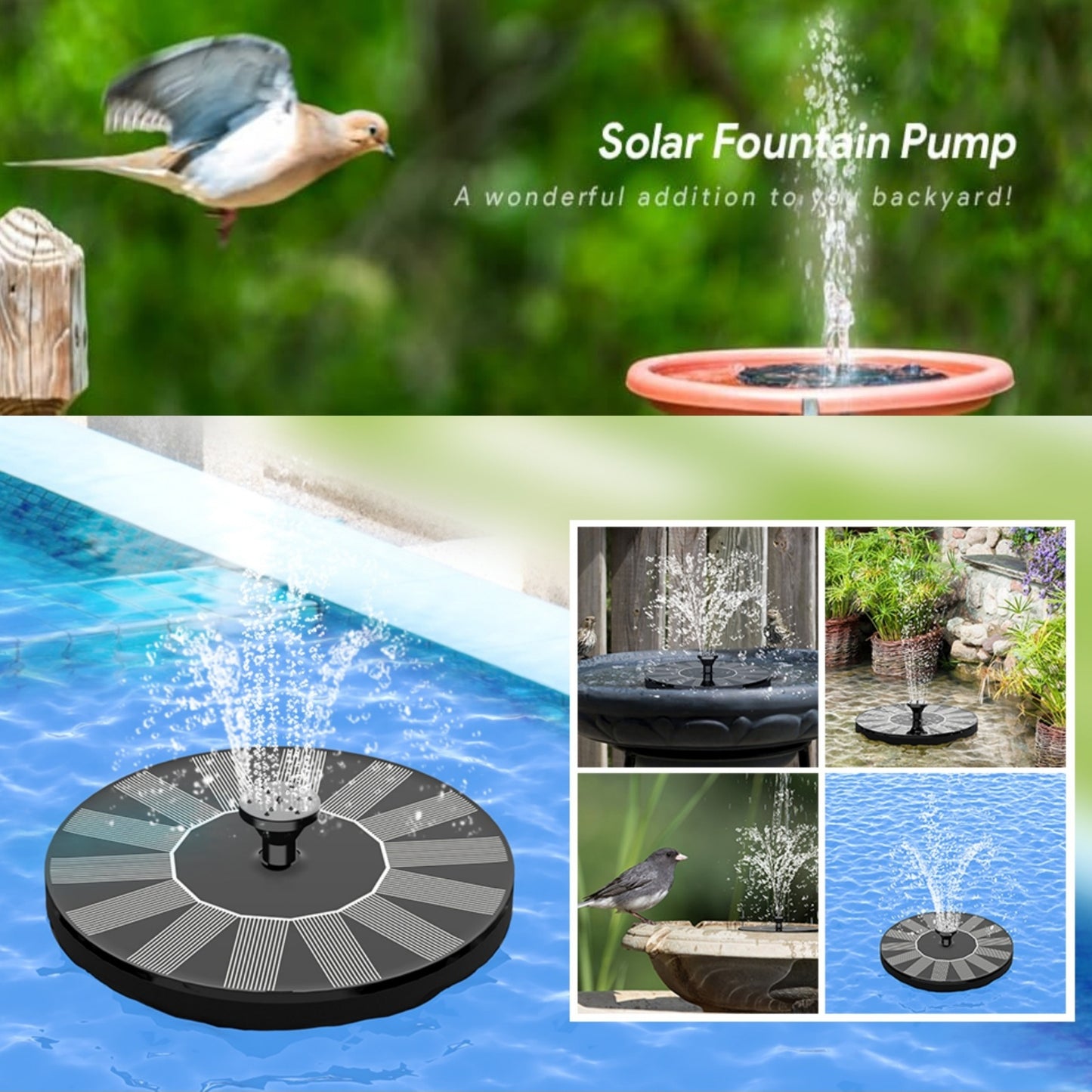 Solar powered water feature for pond, pool, and bird bath with easy setup and no batteries needed.