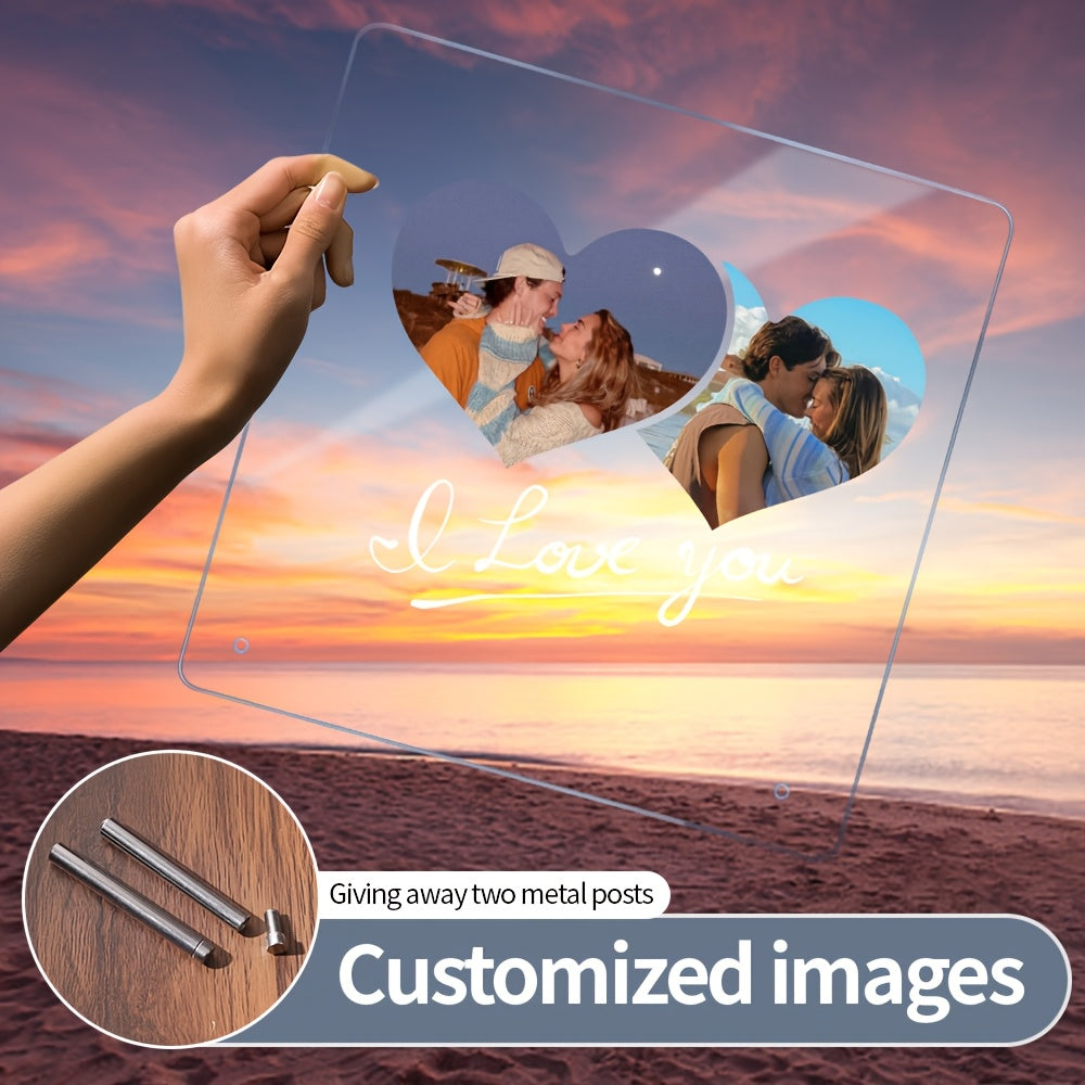 Customize your special moments with our LED Personalized Acrylic Photo Frame featuring a transparent love heart design. This frame is perfect for showcasing a single picture and makes an ideal gift for Christmas, Valentine's Day, Mother's Day, Father's