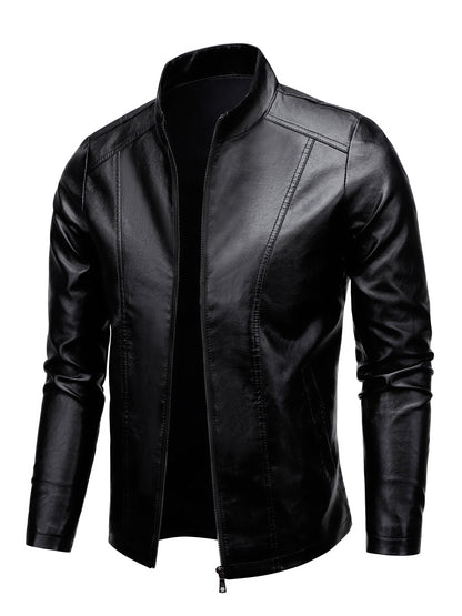 Men's PU Leather Stand Collar Motorcycle Jacket for Outdoor Wear in Spring and Fall