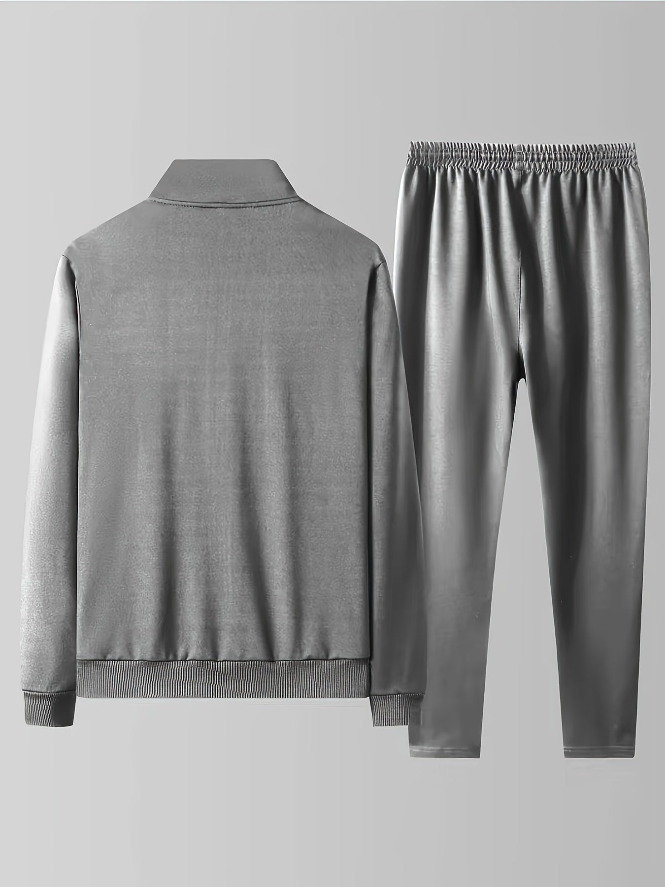 Men's 2-piece set for outdoor jogging and gym workout in spring and autumn, featuring a solid long sleeve zip up jacket with stand collar and drawstring joggers.