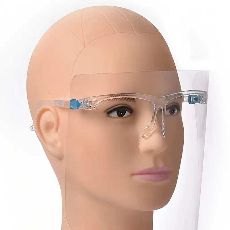 Adjustable anti-fog face shield with transparent frame for cooking and indoor work.