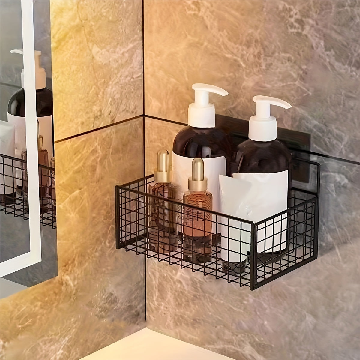 Wall-mounted bathroom storage rack for toiletries and hand washing without the need for punching.