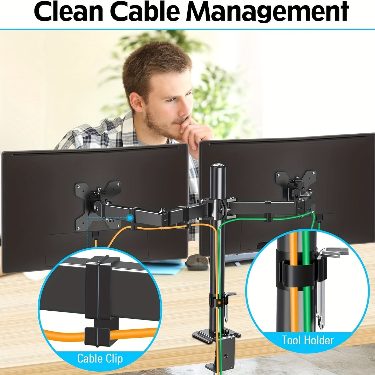 Adjustable dual-monitor desktop stand with clamp design and iron construction for office use.