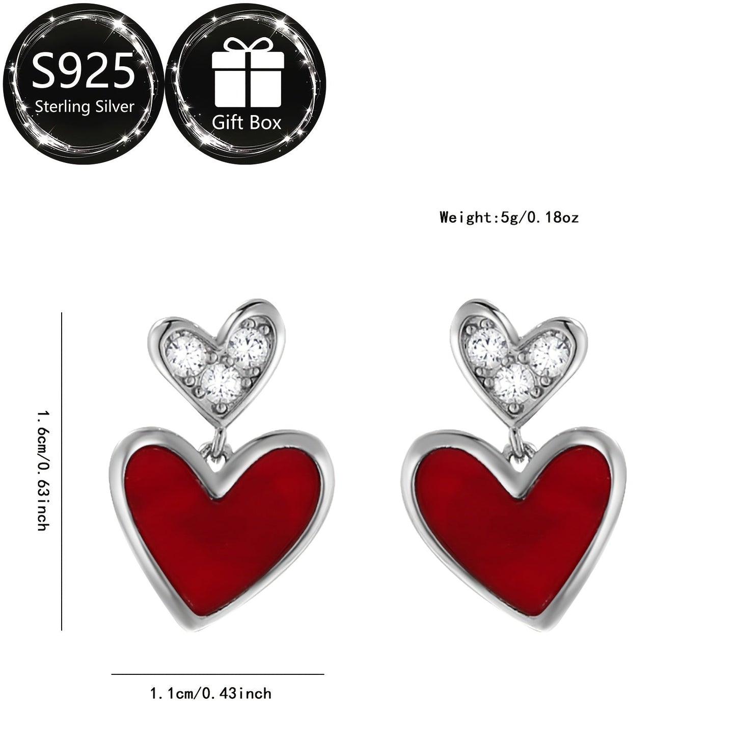 1 pair of Stunning Asymmetrical Heart Earrings, crafted with S925 Sterling Silver and Sparkling Synthetic Zirconia, Ideal for Every day wear and gifting, Ideal for Valentine's Day, Timeless Jewelry for Women