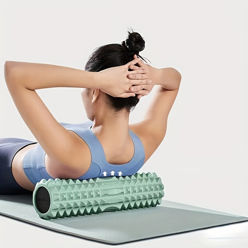 1pc medium firmness EVA foam massage roller for yoga, pilates, and fitness back exercises in black, blue, and purple colors.