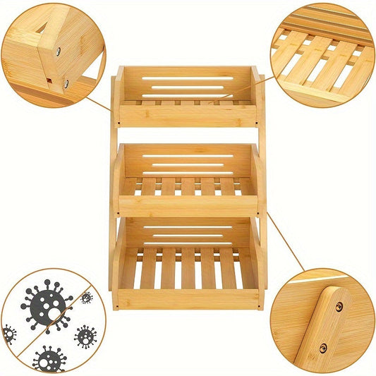 Bamboo kitchen organizer with three tiers - Suitable for displaying and storing fruits, vegetables, and bread on countertops