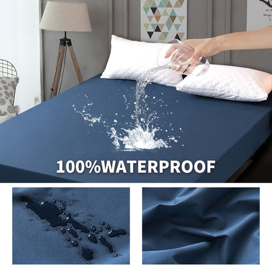 Blue Waterproof Fitted Sheet, Soft Solid Color Brushed Fitted Sheet, Cozy Bedding