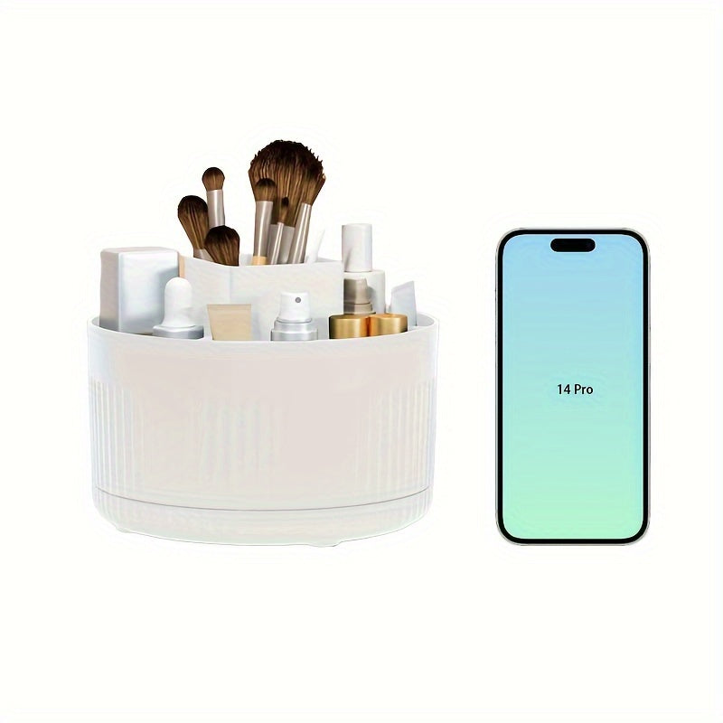 White rotating makeup organizer with textured design, durable plastic, no assembly necessary. Ideal for storing brushes, skincare products, and beauty tools.