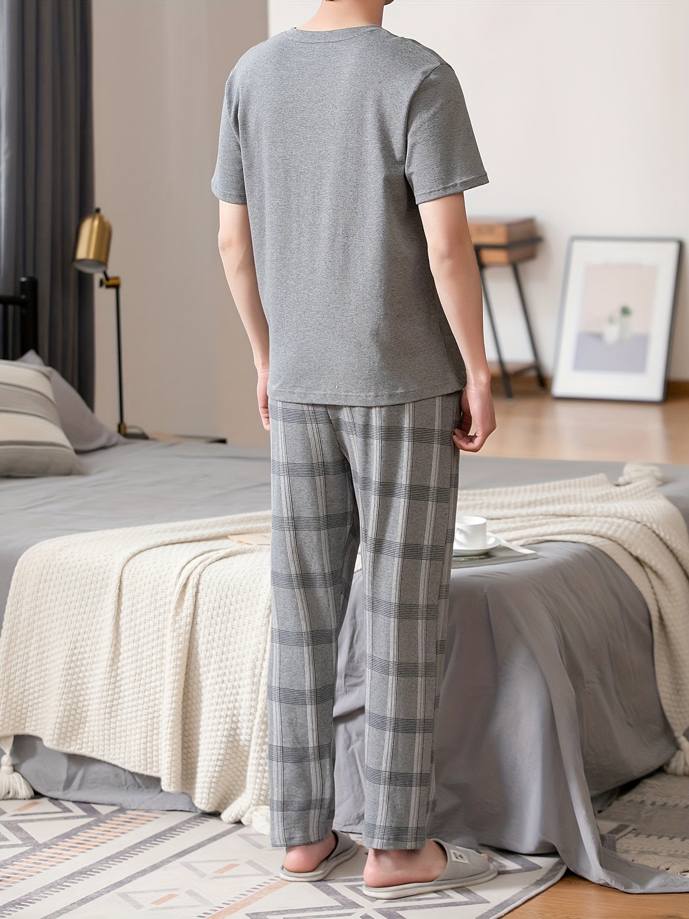 Men's summer pajamas made of pure cotton with short sleeves and long pants, lightweight and available in plus sizes for young adults.