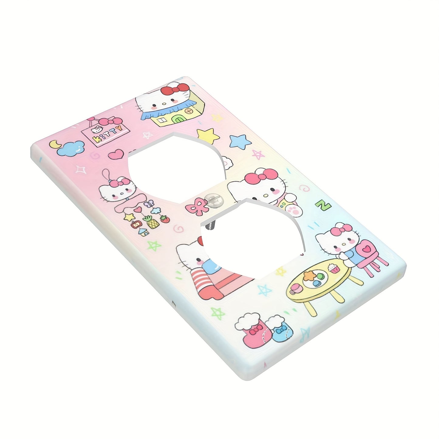 Hello Kitty cartoon dual socket cover, easy to install without wiring, heat-resistant and fade-proof. Decorative wall plate with smooth edges for home improvement. Includes painted screw.