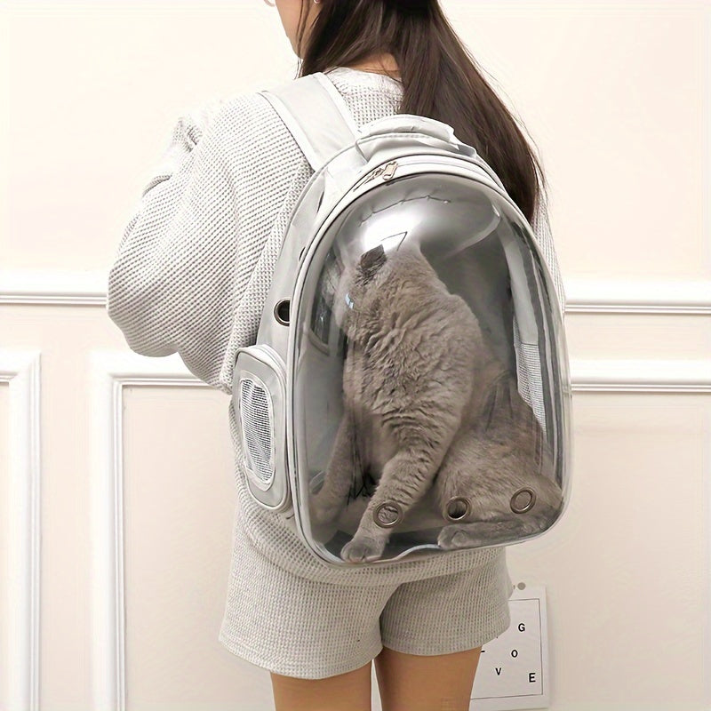 Durable transparent cat backpack with breathable design, zip closure, and double shoulder straps for large cats.