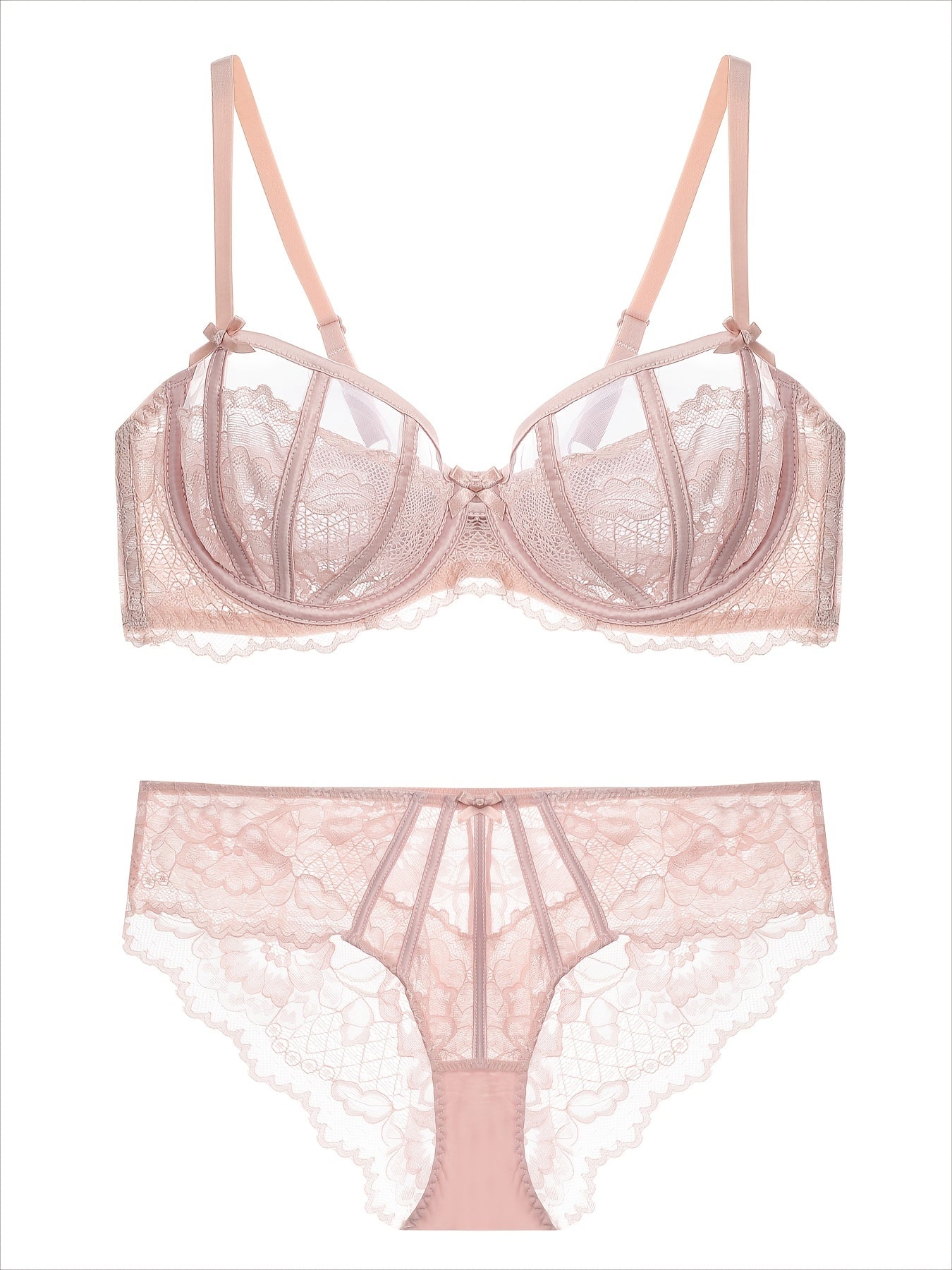 Floral lace unlined bra and bow panties set for women.