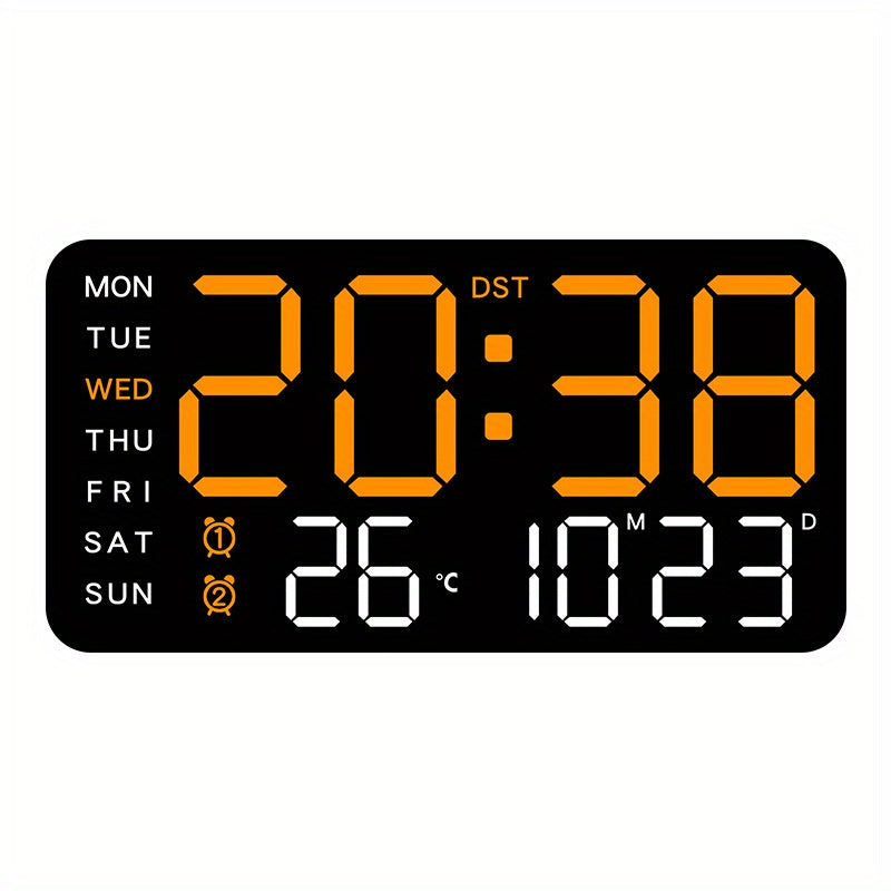 Voice controlled LED wall clock with dual alarms, USB powered, temperature display, adjustable brightness, and sleek black design for home and office.