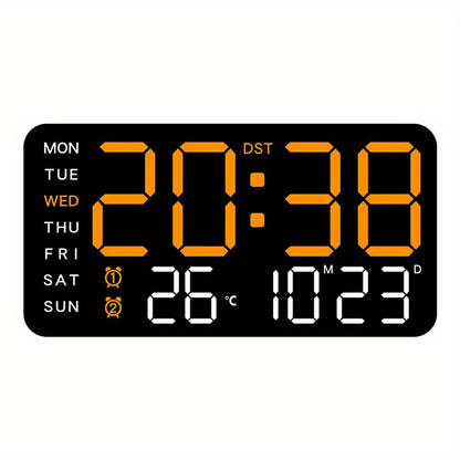 Voice controlled LED wall clock with dual alarms, USB powered, temperature display, adjustable brightness, and sleek black design for home and office.