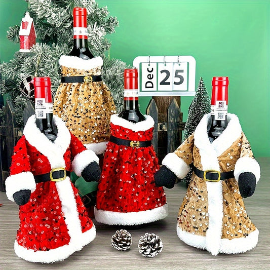 Set of 2 Festive Christmas wine bottle covers with sequined attire, plush hats, and leak-proof sweater. Perfect for wine lovers, home decor, and family gatherings.