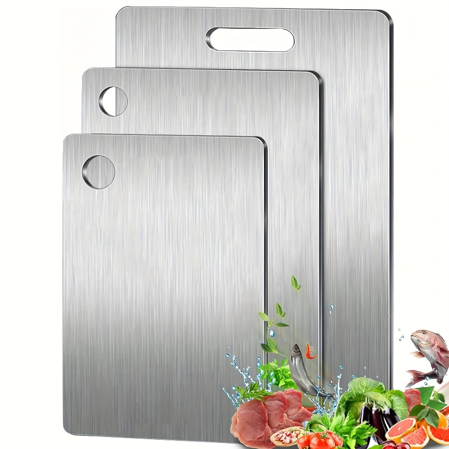 3-piece stainless steel kitchen board set for slicing fruits, vegetables, meat, and bread. Durable, easy to clean, and food-safe.