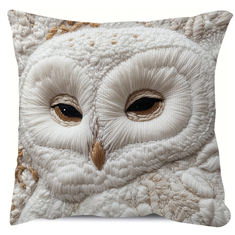 Super soft plush pillow cover with snowy owl design, 45.72x45.72 cm. Perfect for sofa, living room, bedroom decor. Double-sided print, zip closure, machine washable. Insert not included. Ideal for couch.